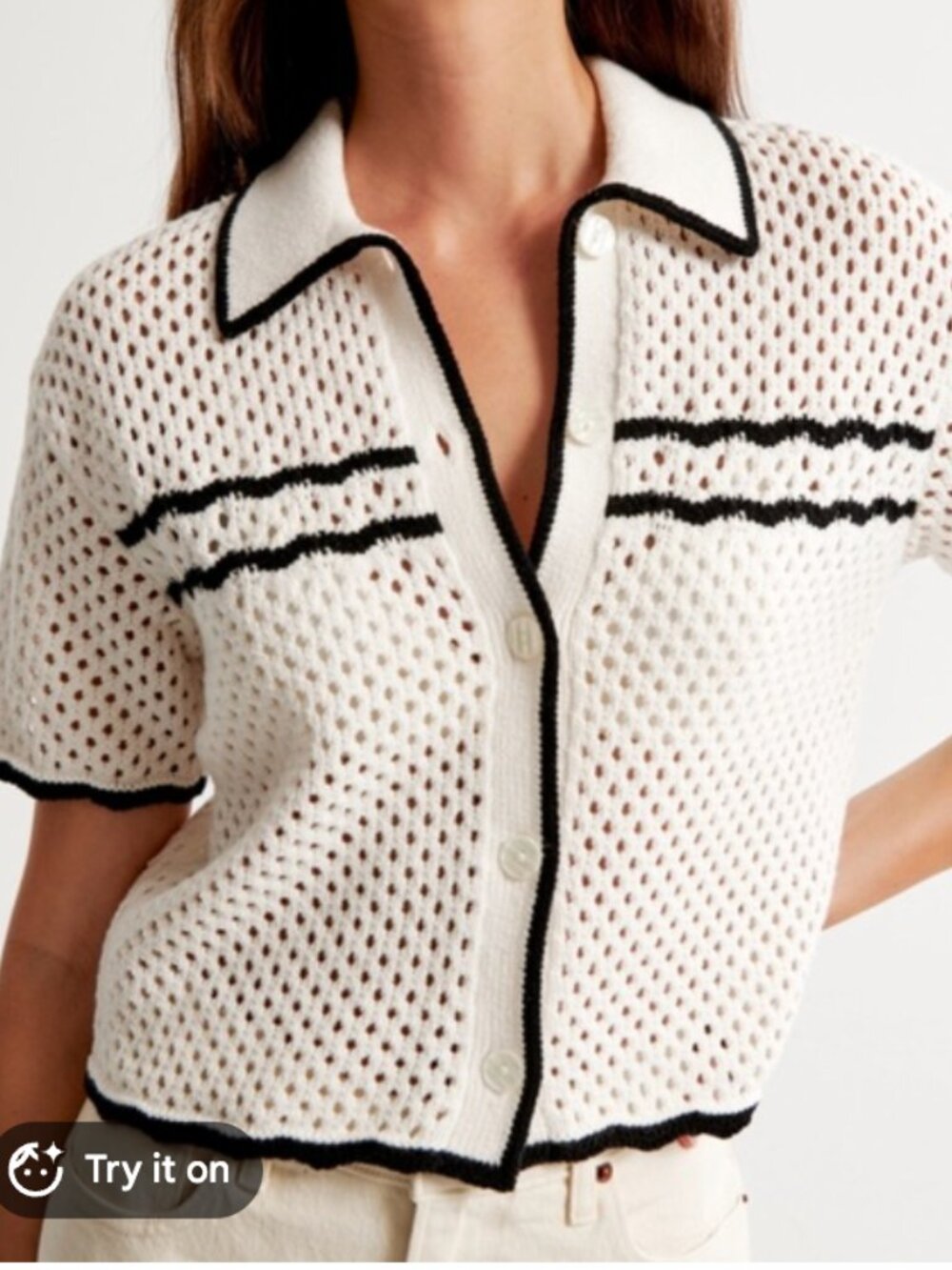 Abercrombie & Fitch Women's Short Sleeve Crochet Polo - Black & White - Small